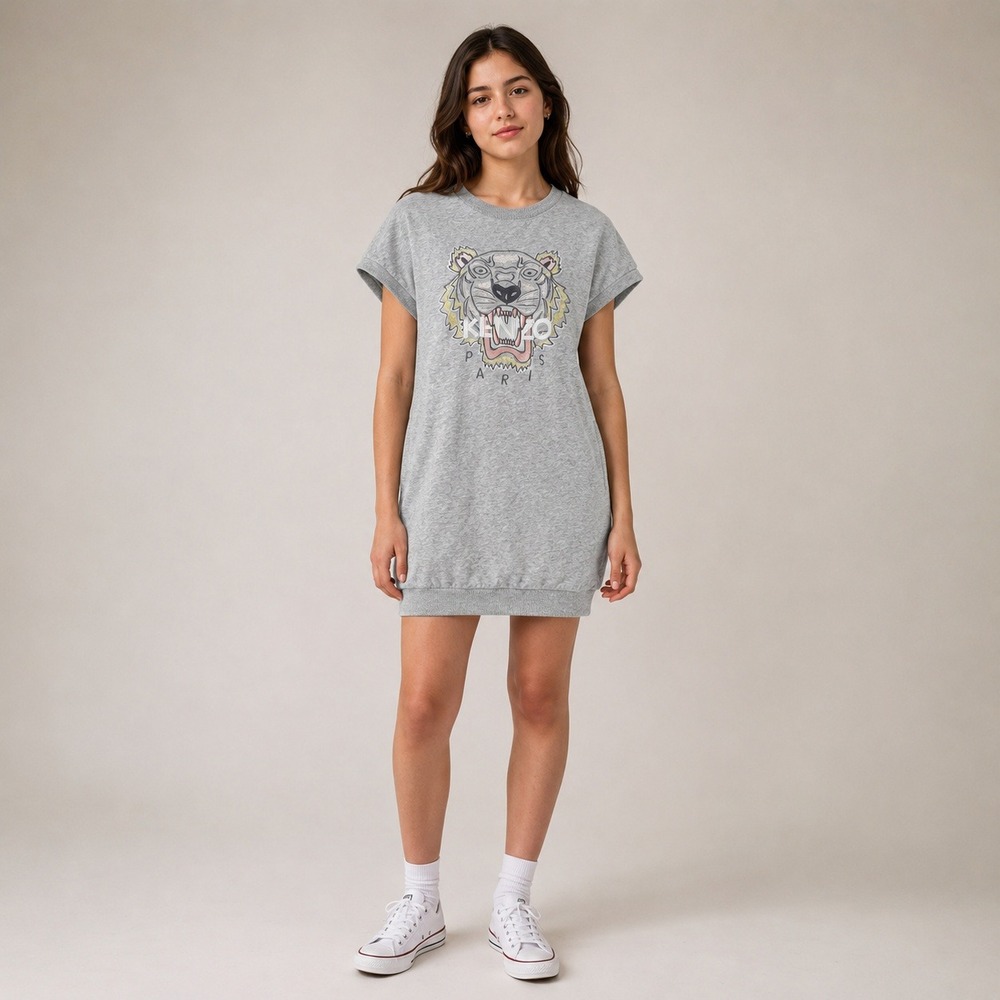 KENZO‎ Kids Tiger Sweatshirt Dress 16A Gray Embroidered Logo Tunic
